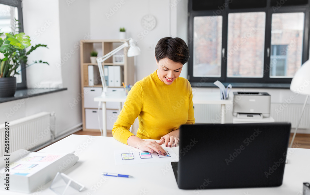 Poster business, technology and user interface design concept - ui designer working on templates at office