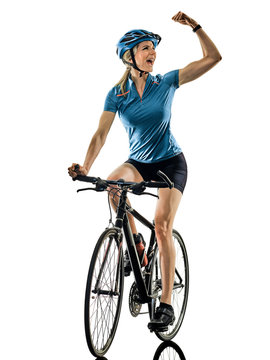 one caucasian cyclist woman cycling riding bicycle celebrating happy isolated on white background