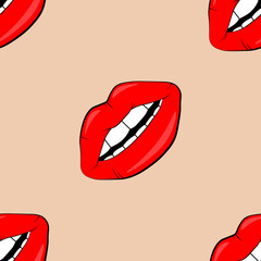 Cosmetics and makeup lips seamless pattern. beautiful lips of woman with red lipstick and gloss. Sexy vector lip backgrounds. cartoon style