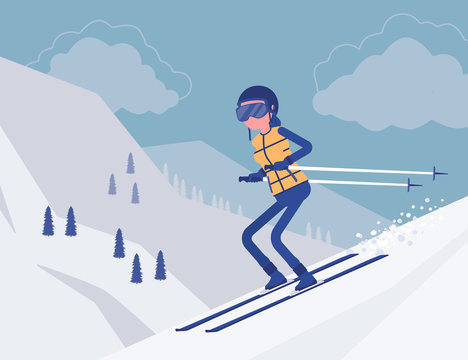 Active sporty woman skiing downhill, enjoys winter outdoor fun on resort with beautiful snow nature mountain view, professional wintertime tourism, recreation. Vector illustration, faceless characters