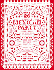Mexican party announce poster with paper cut design. Papel picado banner with Mexican lacy motives. - 258923683