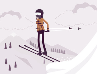 Active sporty woman skiing, jumping enjoys winter outdoor fun on resort with beautiful snow nature, mountain view, professional wintertime tourism, recreation. Vector illustration, faceless characters