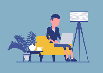 Young male employee working from home. Happy freelance worker, self-employed in comfortable remote location workspace, homeworking, career in telecommuting job. Vector illustration, faceless character