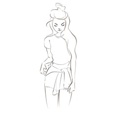 Outline sketch of a sporty sexy girl wearing t-shirt and short pants