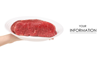 Beef meat on a plate in hand pattern on a white background. Isolation