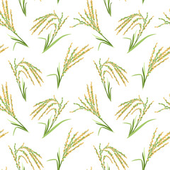 Obraz premium Ears of rice seamless pattern on white background. Vector illustration of cereals in cartoon simple flat style. 
