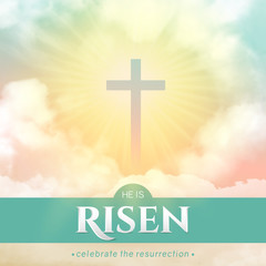 Christian religious design for Easter celebration. Square vector banner with text: He is risen, shining Cross and heaven with white clouds.