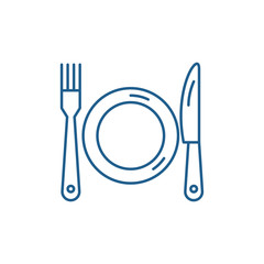Plate, fork and knife line concept icon. Plate, fork and knife flat  vector website sign, outline symbol, illustration.
