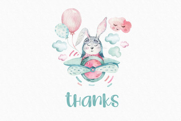 Hand drawing fly cute easter pilot bunny watercolor cartoon bunnies with airplane in the sky. Turquoise watercolour animal rabbit flying art flight illustration