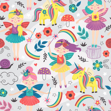 seamless pattern with  magic forest fairies  - vector illustration, eps