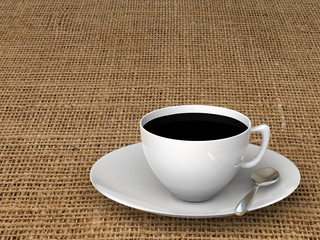 coffee mug on a linen tablecloth. 3D rendering