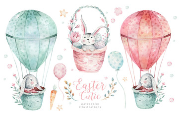 Hand getekende aquarel vrolijk pasen set met konijntjes ontwerp. Konijn bohemien stijl, geïsoleerde eieren illustratie op wit. Schattige baby konijntje konijn illustratie voor kinderdagverblijf ontwerp