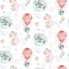 Badkamer foto achterwand Dieren met ballon Hand tekenen vliegen schattige paashaas aquarel cartoon konijntjes met vliegtuig en ballon in de lucht textiel patroon. Turkoois aquarel textiel illustratie decoratie
