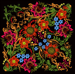 Fototapeta na wymiar red flowers in decorated design on black background