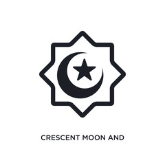 black crescent moon and star isolated vector icon. simple element illustration from religion concept vector icons. crescent moon and star editable logo symbol design on white background. can be use