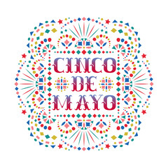 Fototapeta na wymiar Cinco de mayo festive card with colorful text and Mexican embroidery motif.