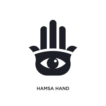 black hamsa hand isolated vector icon. simple element illustration from religion concept vector icons. hamsa hand editable logo symbol design on white background. can be use for web and mobile