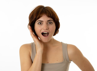 Close up portrait of surprised and happy woman celebrating victory and good news