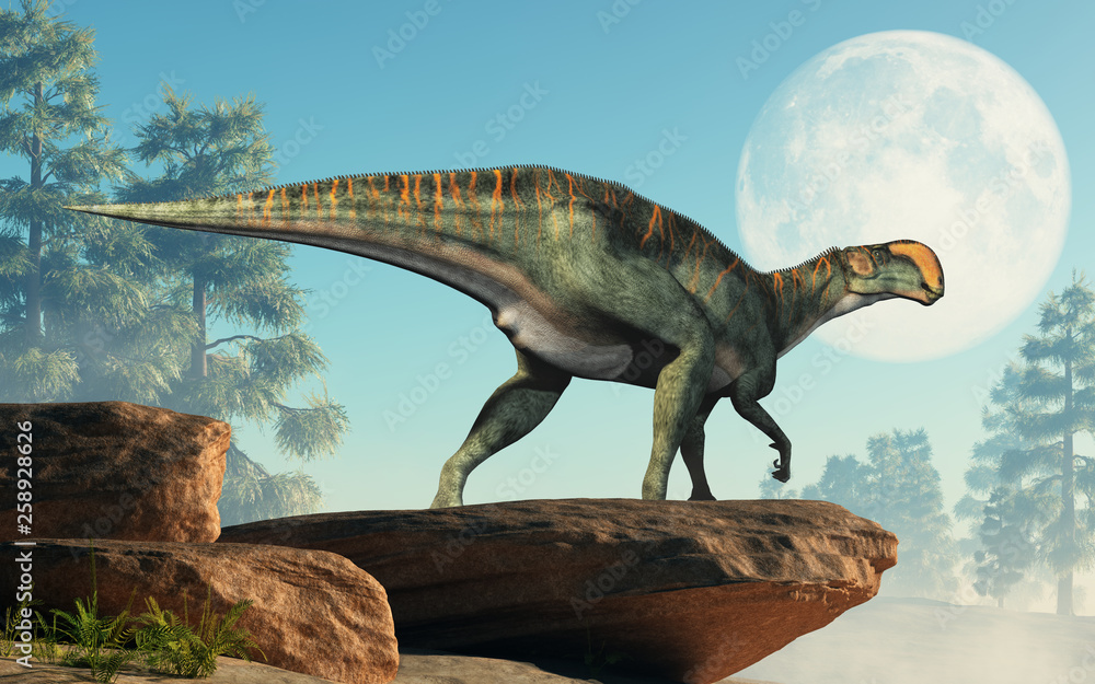 Poster an altirhinus on rocks in front of the moon. altirhinus (high snout) was a type of iguanodon dinosau