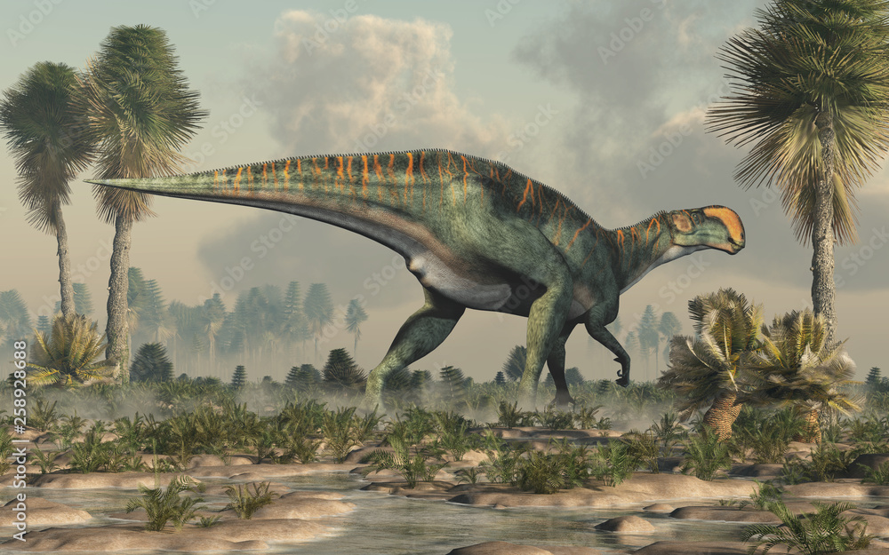 Poster an altirhinus in a wetland. altirhinus (high snout) was a type of iguanodon dinosaur of the early cr