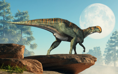 An Altirhinus on rocks in front of the moon.  Altirhinus (high snout) was a type of iguanodon dinosaur of the early Cretaceous period in Mongolia. 3D Rendering 