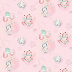 A watercolor spring illustration of the cute easter baby bunny. Rabbit cartoon animal seamless pink pattern with balloon and bird