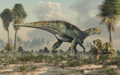 An Altirhinus in a wetland.  Altirhinus (high snout) was a type of iguanodon dinosaur of the early Cretaceous period in Mongolia. 3D Rendering