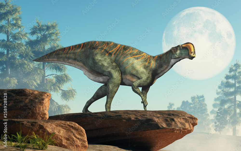 Poster an altirhinus on rocks in front of the moon. altirhinus (high snout) was a type of iguanodon dinosau