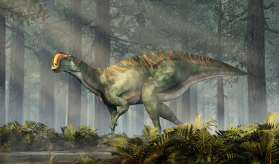 An Altirhinus in a dense forest.  Altirhinus (high snout) was a type of iguanodon dinosaur of the early Cretaceous period in Mongolia. 3D Rendering