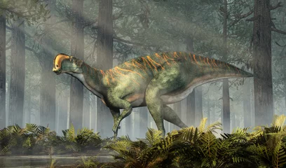 Foto op Canvas An Altirhinus in a dense forest.  Altirhinus (high snout) was a type of iguanodon dinosaur of the early Cretaceous period in Mongolia. 3D Rendering © Daniel Eskridge