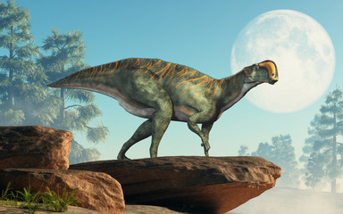 An Altirhinus on rocks in front of the moon.  Altirhinus (high snout) was a type of iguanodon dinosaur of the early Cretaceous period in Mongolia. 3D Rendering 