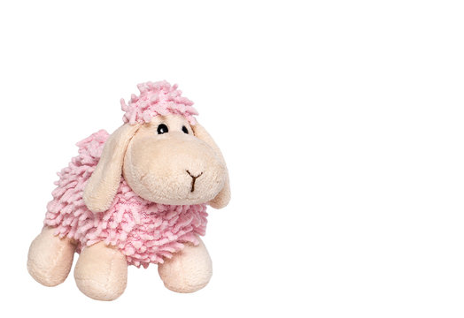 Toy of plush of a lamb. White-pink lamb. Isolated on a white background.