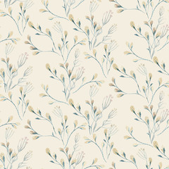 Seamless pattern with spring willow flowers and leaves. Easter Hand drawn background with pussy-willow branch. floral pattern for wallpaper or fabric.
