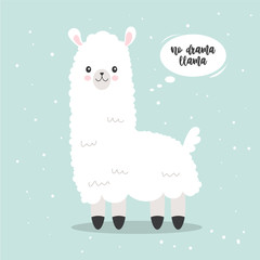 Llama vector poster. Simple cute white llama drawing with lettering. No drama llama quote with lama. valentine's day card featuring a cute llama