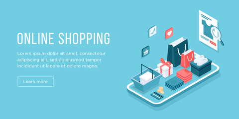 Online shopping app: gifts, shopping items, credit cards and discount coupons on a isometric smartphone. E-commerce concept, web banner