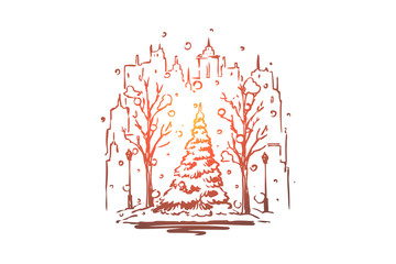 City, winter, street, tree, snow concept. Hand drawn isolated vector.
