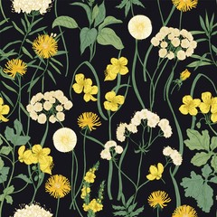 Romantic seamless pattern with blooming wild yellow flowers and perennial herbaceous plants on black background. Backdrop with lush vegetation of summer meadow. Vector illustration in vintage style.