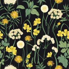 Stof per meter Romantic seamless pattern with blooming wild yellow flowers and perennial herbaceous plants on black background. Backdrop with lush vegetation of summer meadow. Vector illustration in vintage style. © Good Studio