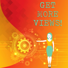 Word writing text Get More Views. Business photo showcasing Increase web traffic optimise blog strategy analyse digitally Woman Standing and Presenting the SEO Process with Cog Wheel Gear inside