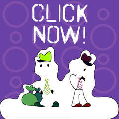 Handwriting text writing Click Now. Conceptual photo by pressing button on control device especially in computer Figure of Two Men Standing with Pouch Bag on White Sticker Style Snow Effect