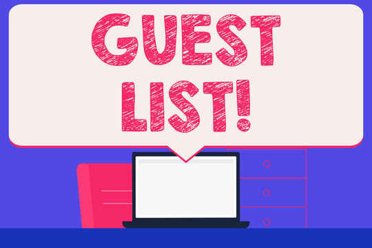Text sign showing Guest List. Business photo showcasing showing who are to be admitted to concert or similar event Blank Huge Speech Bubble Pointing to White Laptop Screen in Workspace Idea
