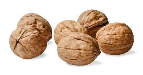 Several walnuts on a white isolated background. Close-up. Side view.