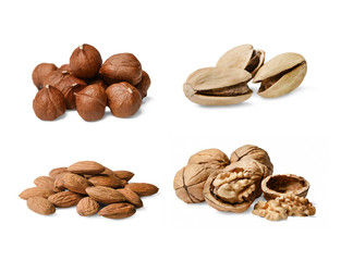 The composition of several varieties of nuts. Walnut, hazelnut, pistachios, almonds. White isolated background.