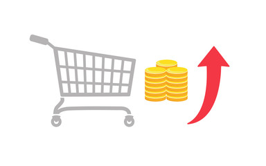 Vector image of a shopping trolley, coins and an upwards arrow - increase in consumer spending or retail prices