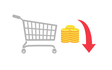 Vector image of a shopping trolley, coins and a downwards arrow - decreasing or fall in consumer spending or retail prices