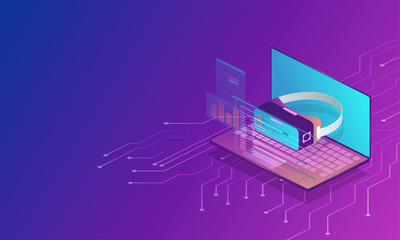 Modern template for web design. Information technology vector illustration concept. Digital gadget. Science background. Abstract vr, future technology concept. Virtual reality 3d. Landing page