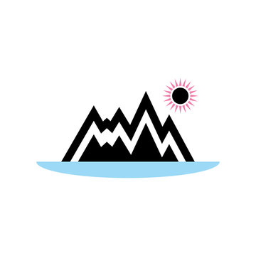 nature in the form of an icon of the mountains, lakes and sun in the Scandinavian style. Mountains icon vector eps10.
