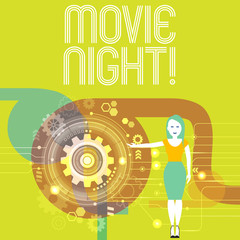 Handwriting text writing Movie Night. Conceptual photo tells story and that showing watch on screen or television Woman Standing and Presenting the SEO Process with Cog Wheel Gear inside