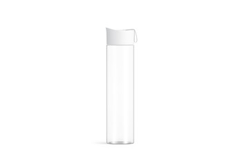 Blank white glass sport bottle mockup, isolated, front view, 3d rendering. Empty crystal can with cap mock up. Clear take away flask for camping or extreme tourism template.
