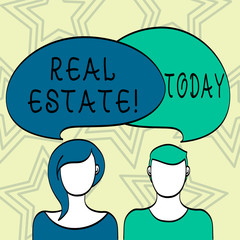 Handwriting text writing Real Estate. Conceptual photo owning property consisting of empty land or buildings Blank Faces of Male and Female with Colorful Blank Speech Bubble Overlaying